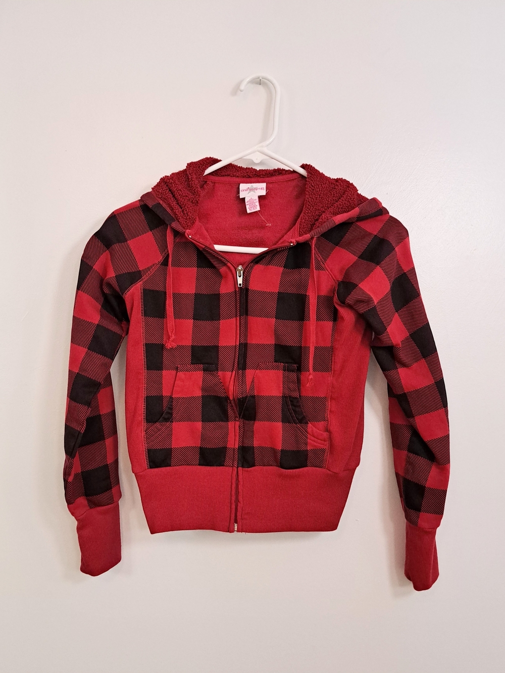 One Step Ahead Red and Black Buffalo Plaid Hoodie with Sherpa Hood